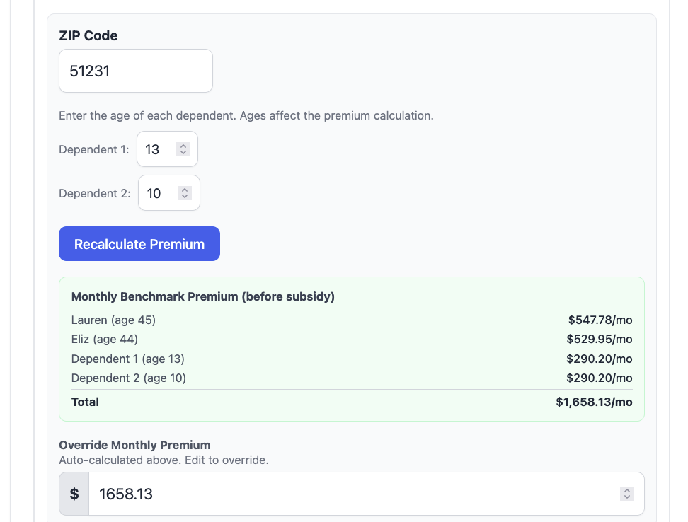 ACA Healthcare setup - ZIP code lookup with premium breakdown