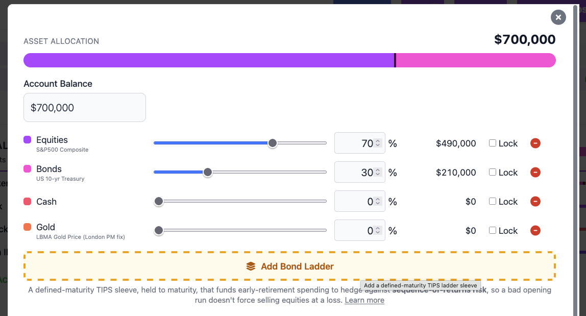 Account allocation modal showing the Bond Ladder section with an Add Bond Ladder button