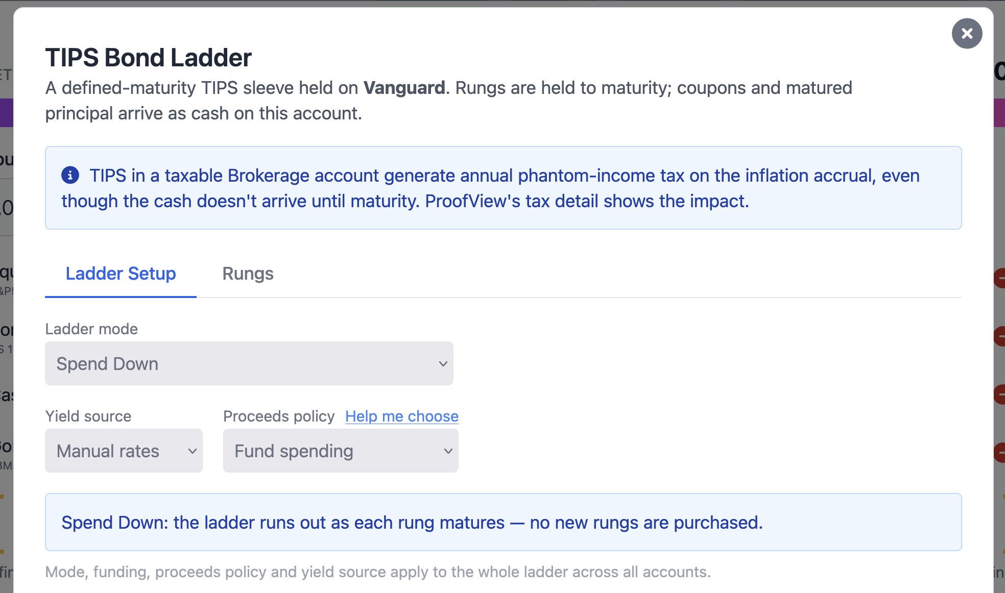 Bond Ladder editor: the Ladder Setup tab with the three-mode selector, forward-horizon slider, proceeds policy, and yield-source toggle