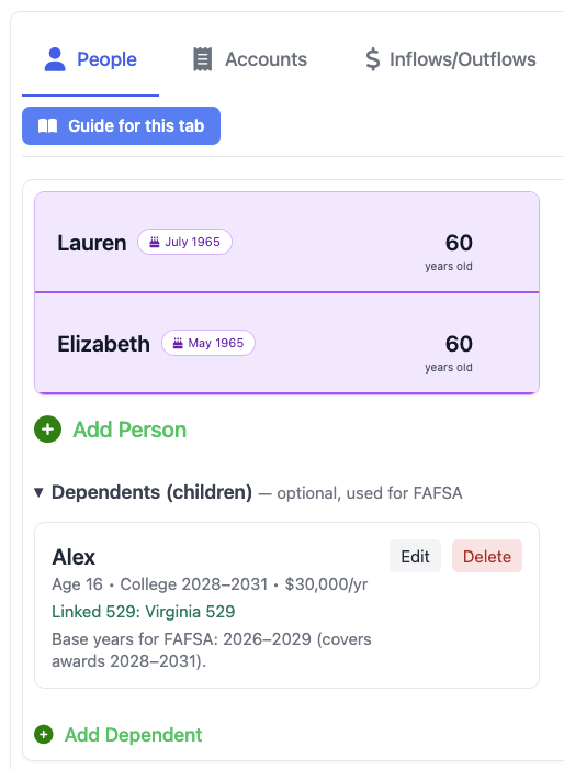 People tab Dependents section with one dependent card open in the editor