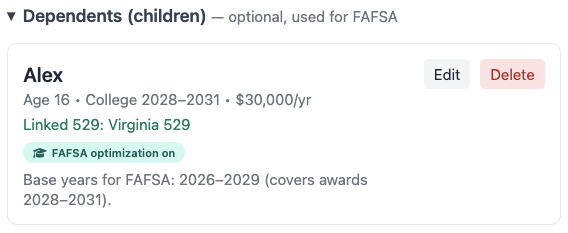 Dependent card with FAFSA optimization on badge, alongside an Events row with the FAFSA optimization active note