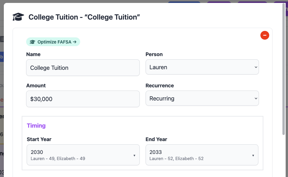 Optimize FAFSA chip on a College Tuition adjustment row