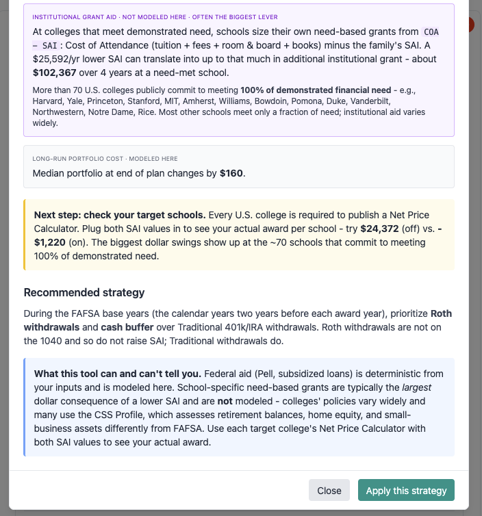 FAFSA Optimizer modal with hero stat, strategy comparison table, and Apply button