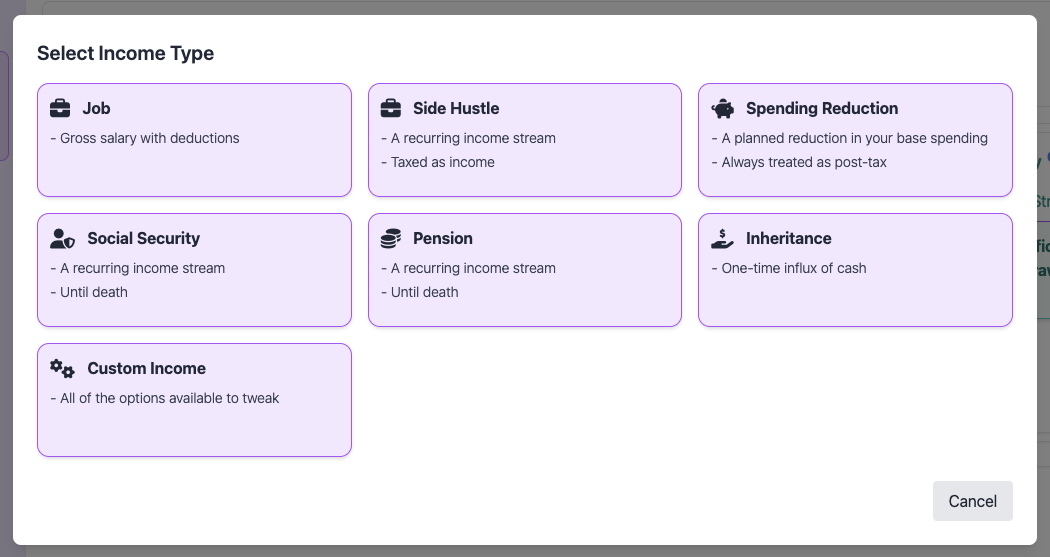 Adjustment type picker open showing income categories