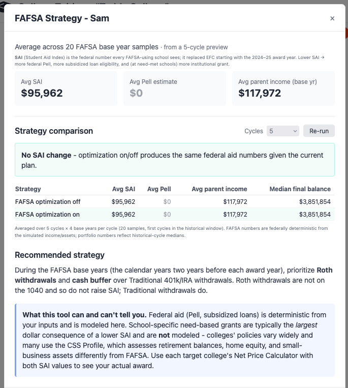 College Tuition Expense open, FAFSA Optimizer clicked