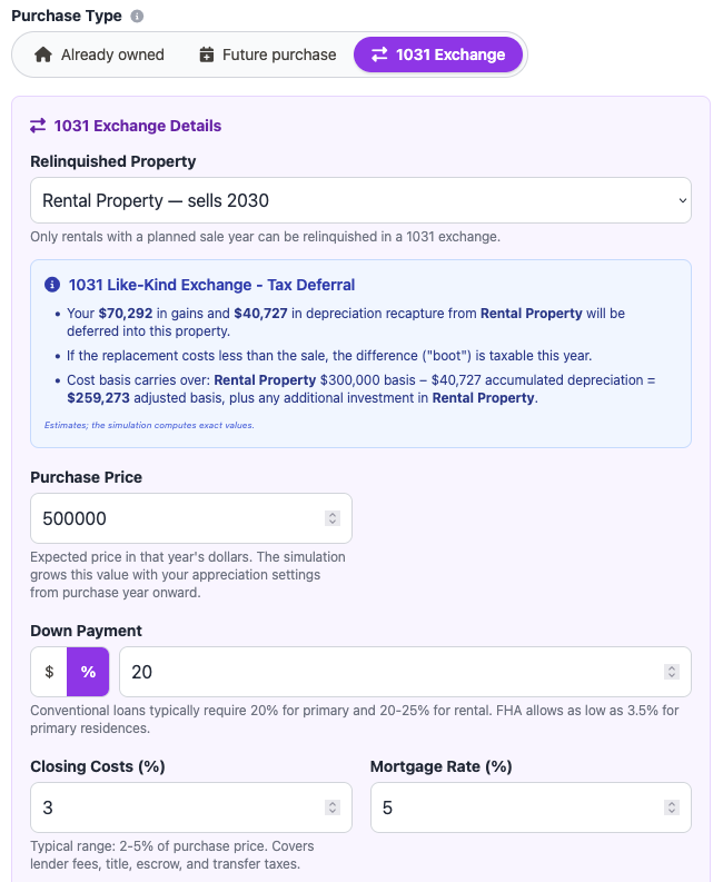 1031 Exchange Details panel with relinquished property dropdown and tax-deferral summary