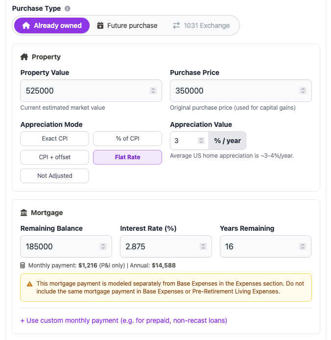 Primary Residence: Mortgage form with appreciation, mortgage, taxes, insurance, maintenance, and sale settings