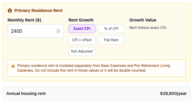Primary Residence: Rent form showing monthly rent and rent-growth rule