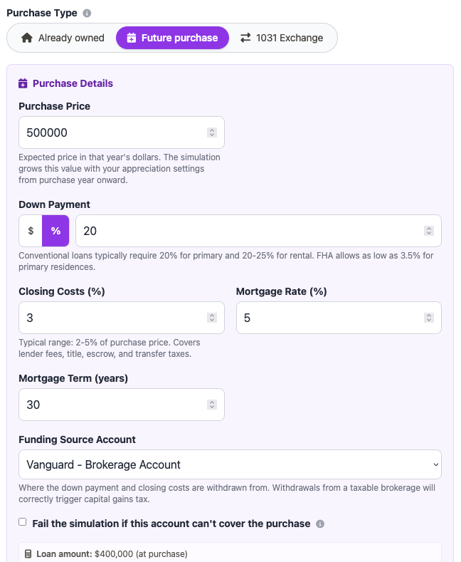 Purchase Type toggle with Already owned / Future purchase / 1031 Exchange tabs