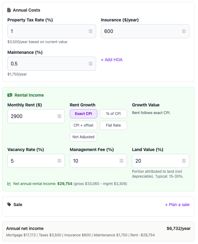 Rental Property form showing rent, vacancy, management fee, expenses, and depreciation fields