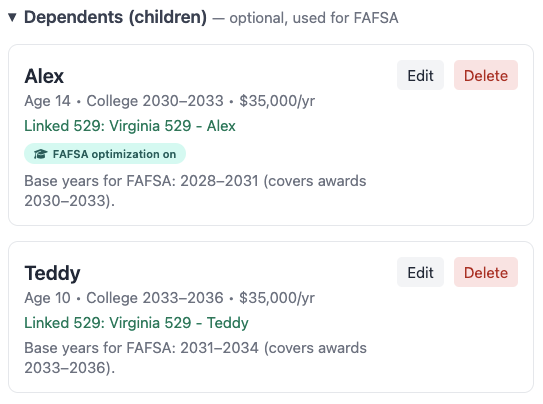 Dependents section with a child entered