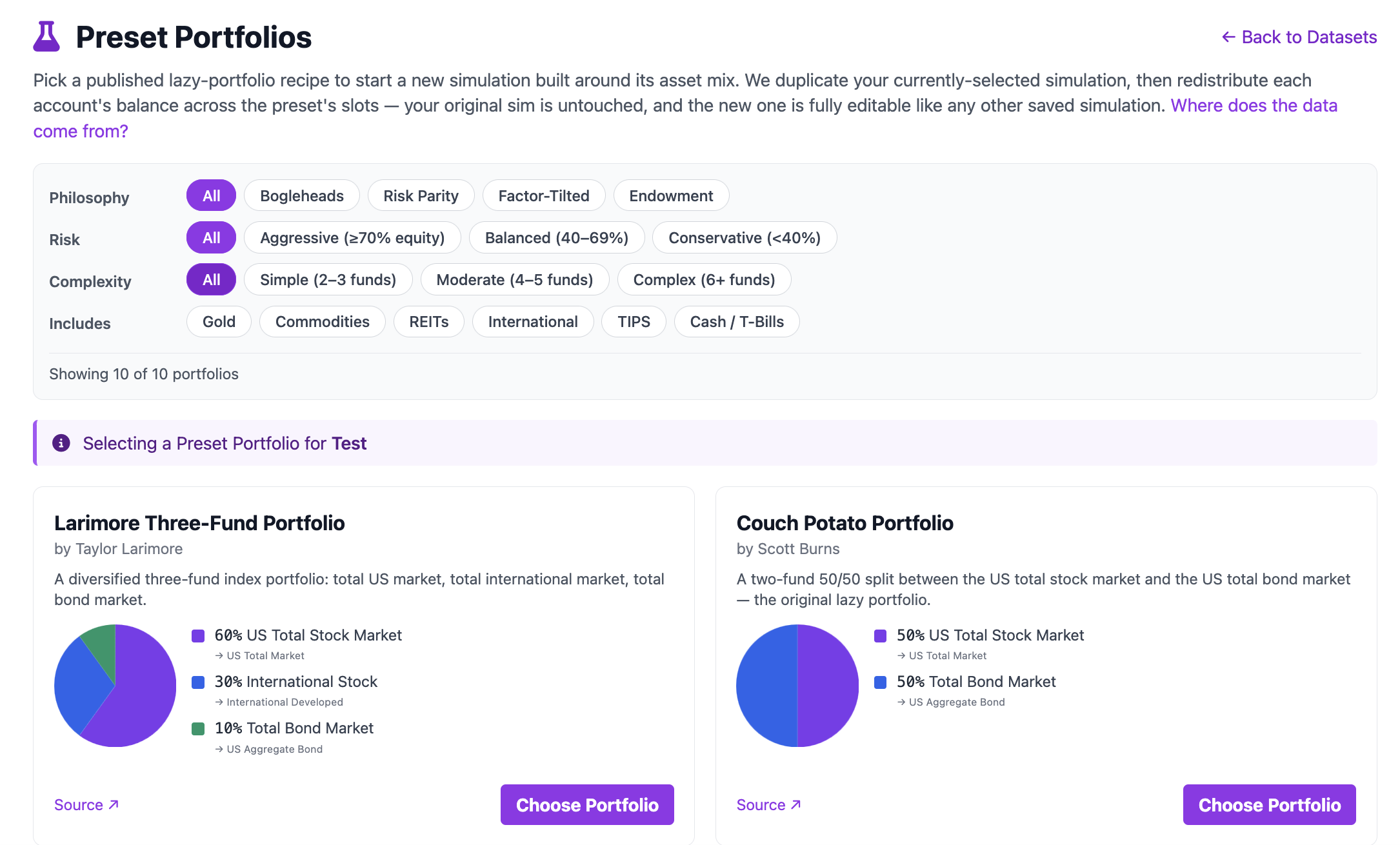 The Preset Portfolios catalog page showing several recipe cards in a grid