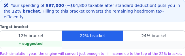 Roth Optimizer modal with goal-mode radio cards