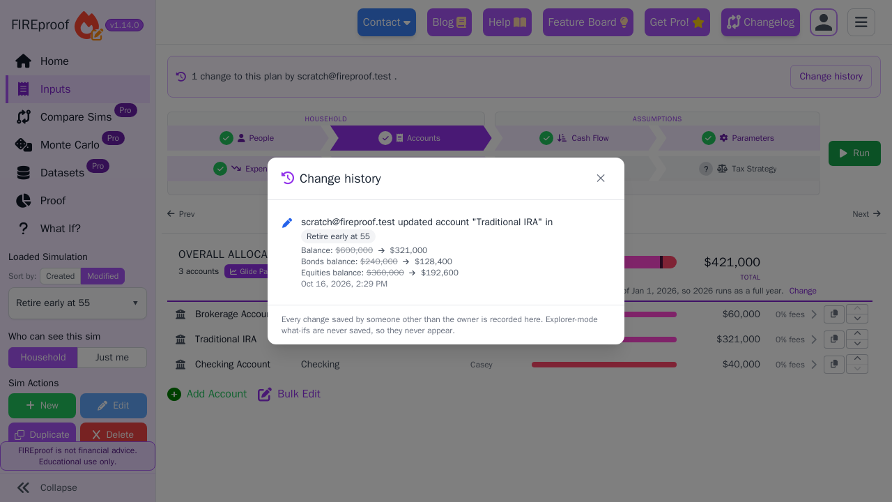 Change history listing an account balance change and who made it