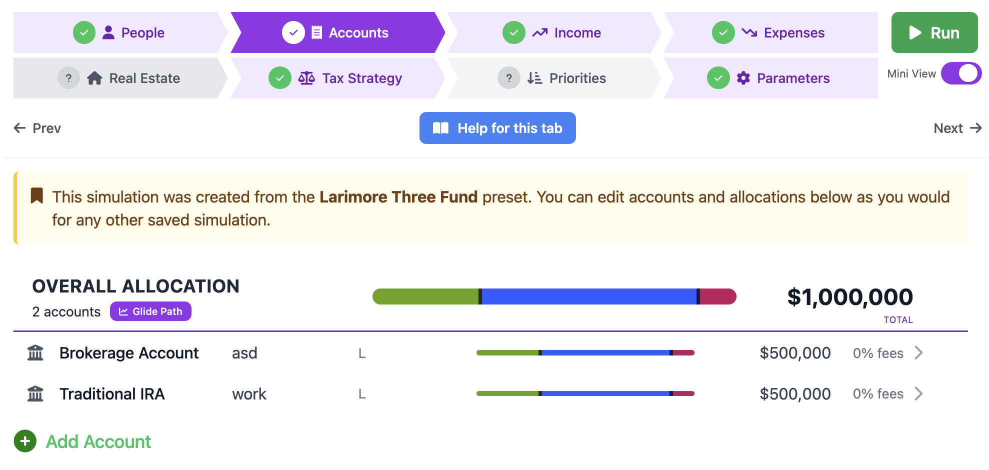 Accounts tab showing the provenance banner on a preset-applied sim