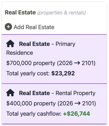 Real Estate Adjustment showing primary residence and rental property with cashflow metrics
