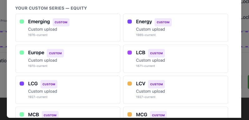 Asset allocation picker showing 'Your custom equity series' section