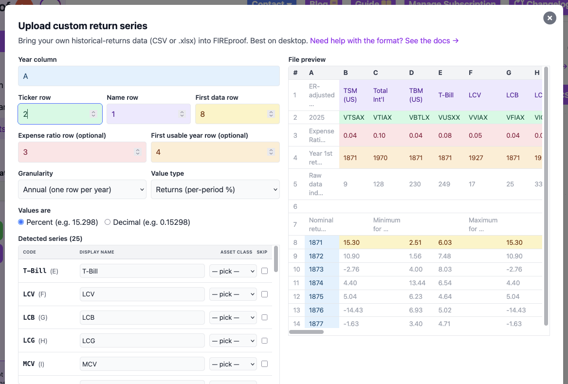 Upload modal: step 2, mapping inputs and color-coded preview grid