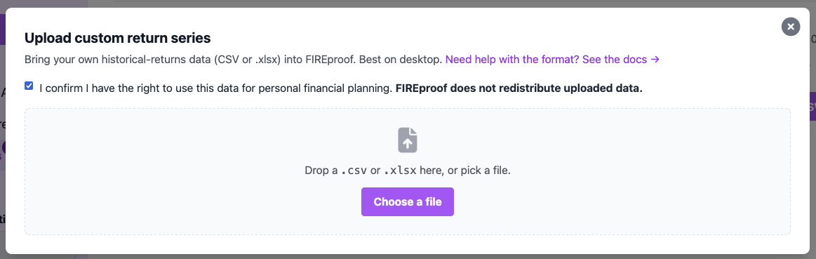 Upload modal: step 1, file pick and acknowledgment